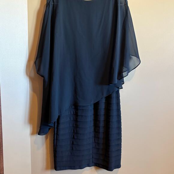 ADRIANNA PAPELL Size 6 Black Chiffon Drape Overlay Banded Abv. Knee Dress - Picture 5 of 5